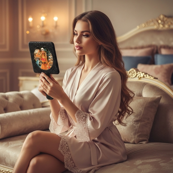 Nicole Lee Rhinestone Encrusted Handheld Round Face Mirror Beauty Vanity Travel - Picture 3 of 14